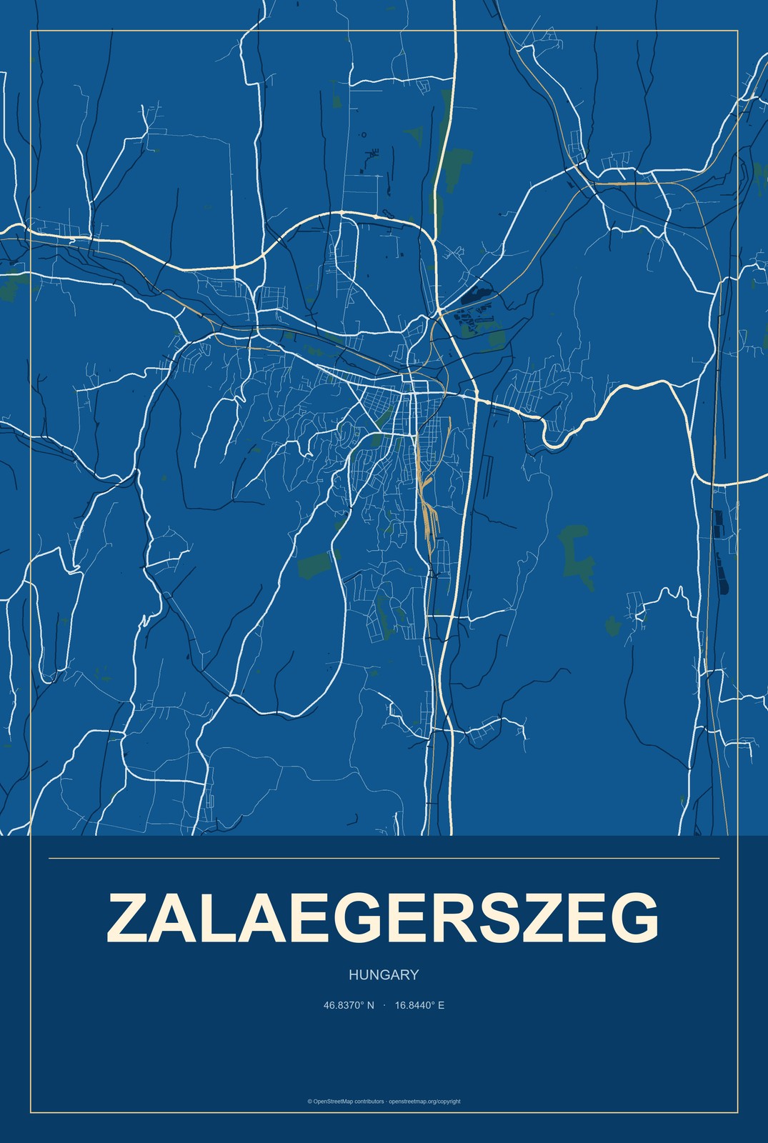 Zalaegerszeg, Hungary City Map Aluminum Sign in Harbor Cobalt style