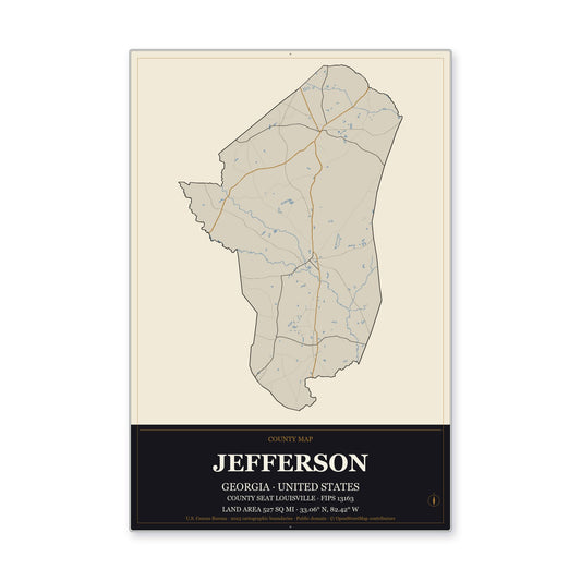 Jefferson County, Georgia Map Aluminum Sign in Museum Plaque style