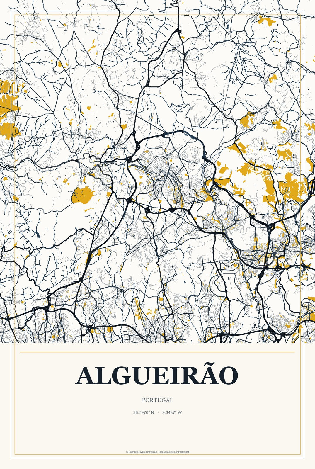 Algueirão, Portugal City Map Aluminum Sign in Citrine Modern style