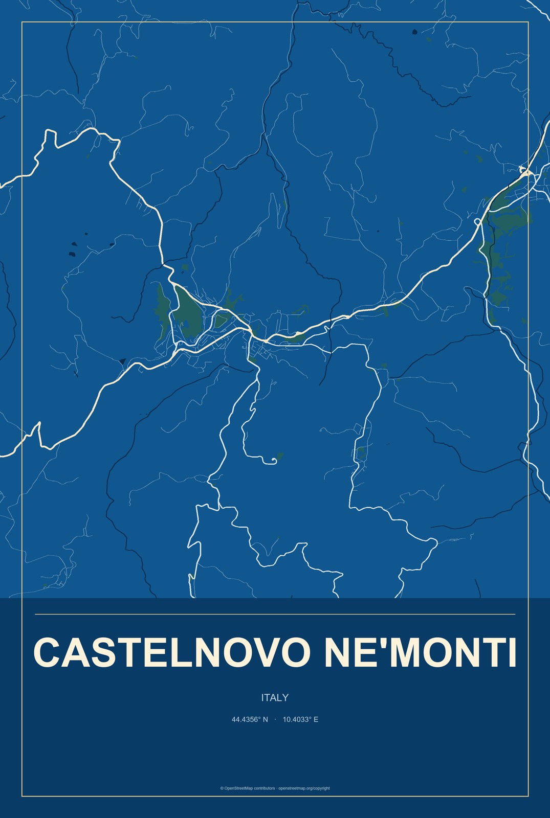Castelnovo ne'Monti, Italy City Map Aluminum Sign in Harbor Cobalt style