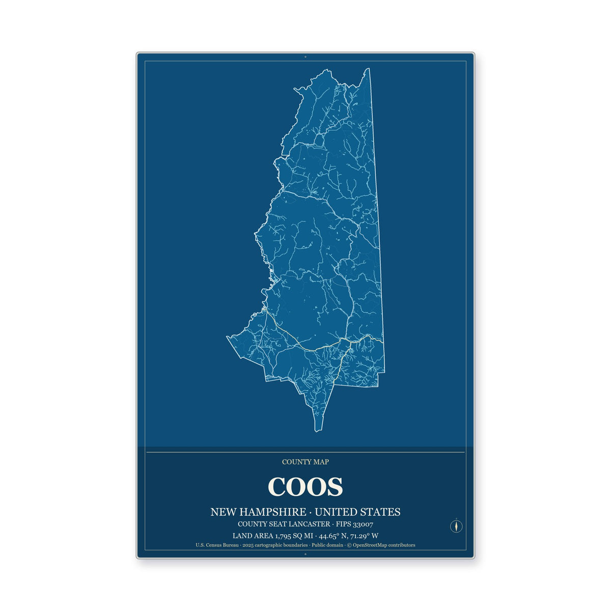 Coos County, New Hampshire Map Aluminum Sign in Harbor Cobalt style