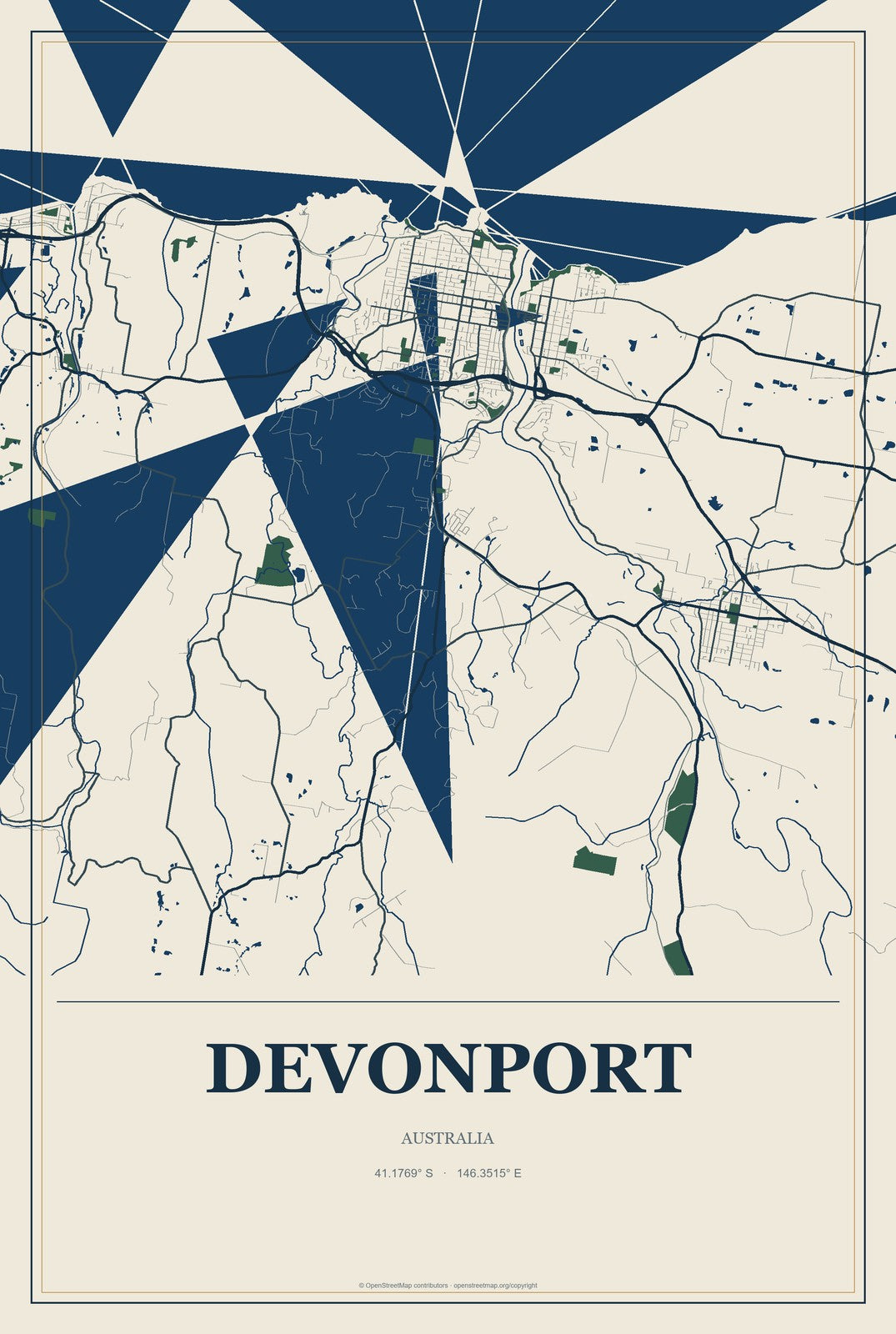 Devonport, Australia City Map Aluminum Sign in Coastal Cutout style