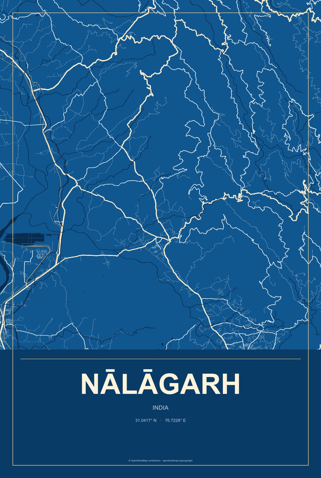 Nālāgarh, India City Map Aluminum Sign in Harbor Cobalt style