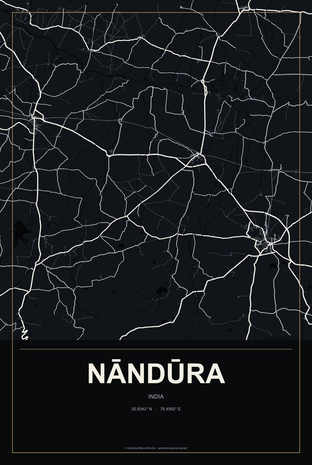 Nāndūra, India City Map Aluminum Sign in Metropolitan Noir style