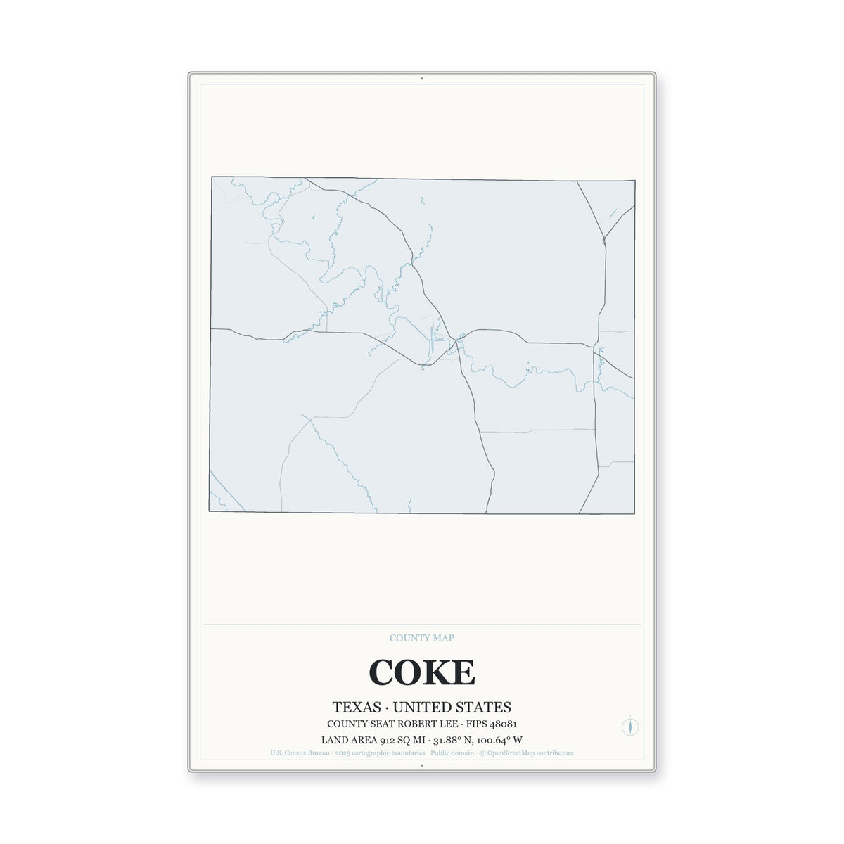 Coke County, Texas Map Aluminum Sign in Gallery Air style