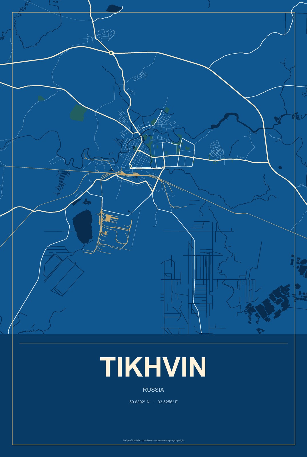 Tikhvin, Russia City Map Aluminum Sign in Harbor Cobalt style