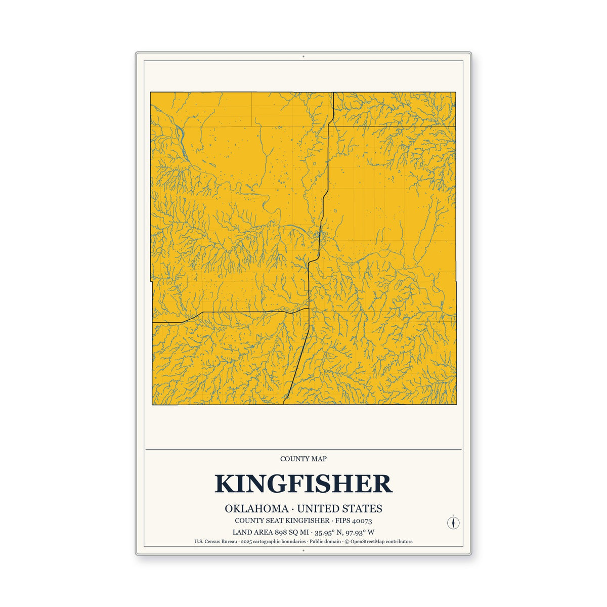 Kingfisher County, Oklahoma Map Aluminum Sign in Citrine Modern style