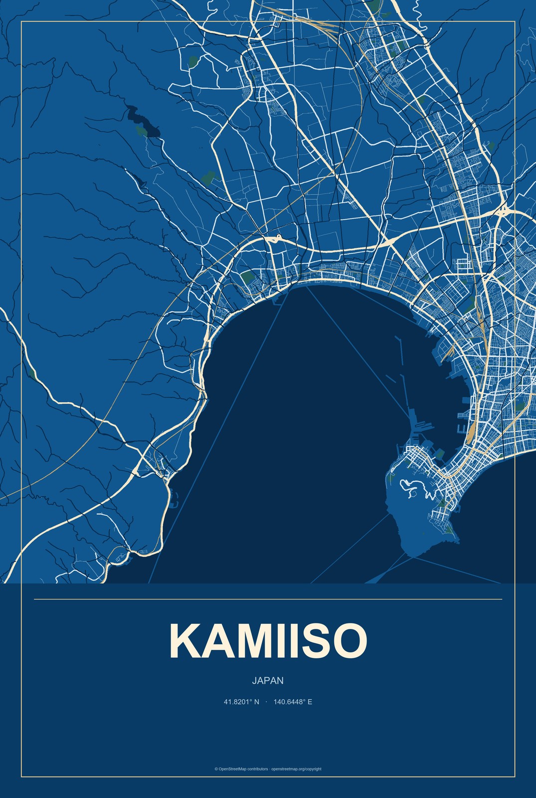 Kamiiso, Japan City Map Aluminum Sign in Harbor Cobalt style