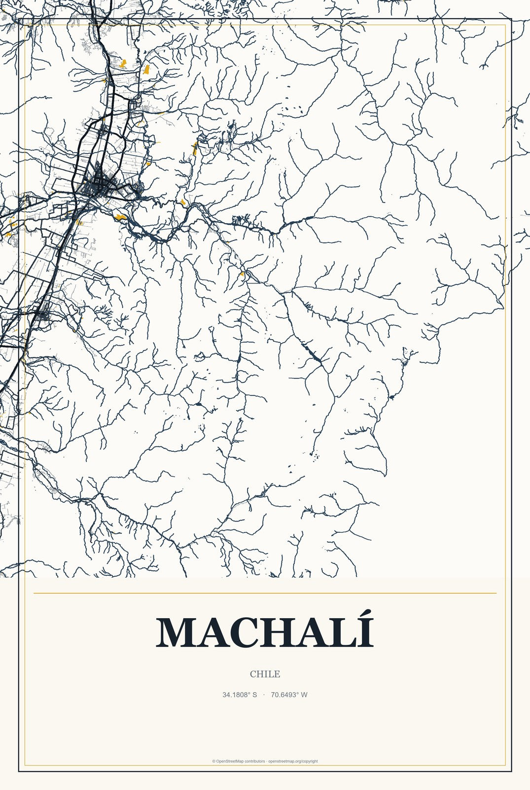 Machalí, Chile City Map Aluminum Sign in Citrine Modern style