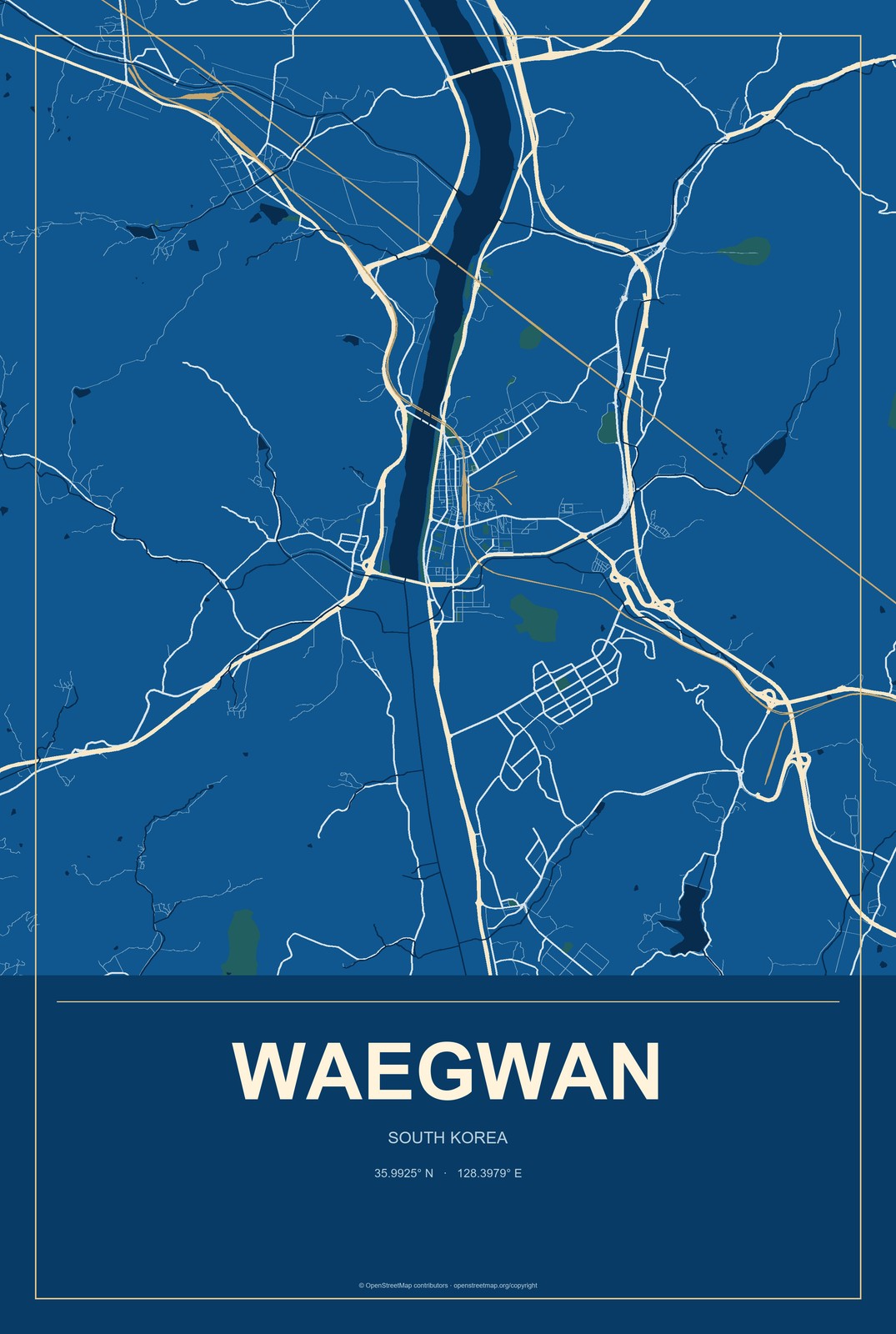 Waegwan, South Korea City Map Aluminum Sign in Harbor Cobalt style