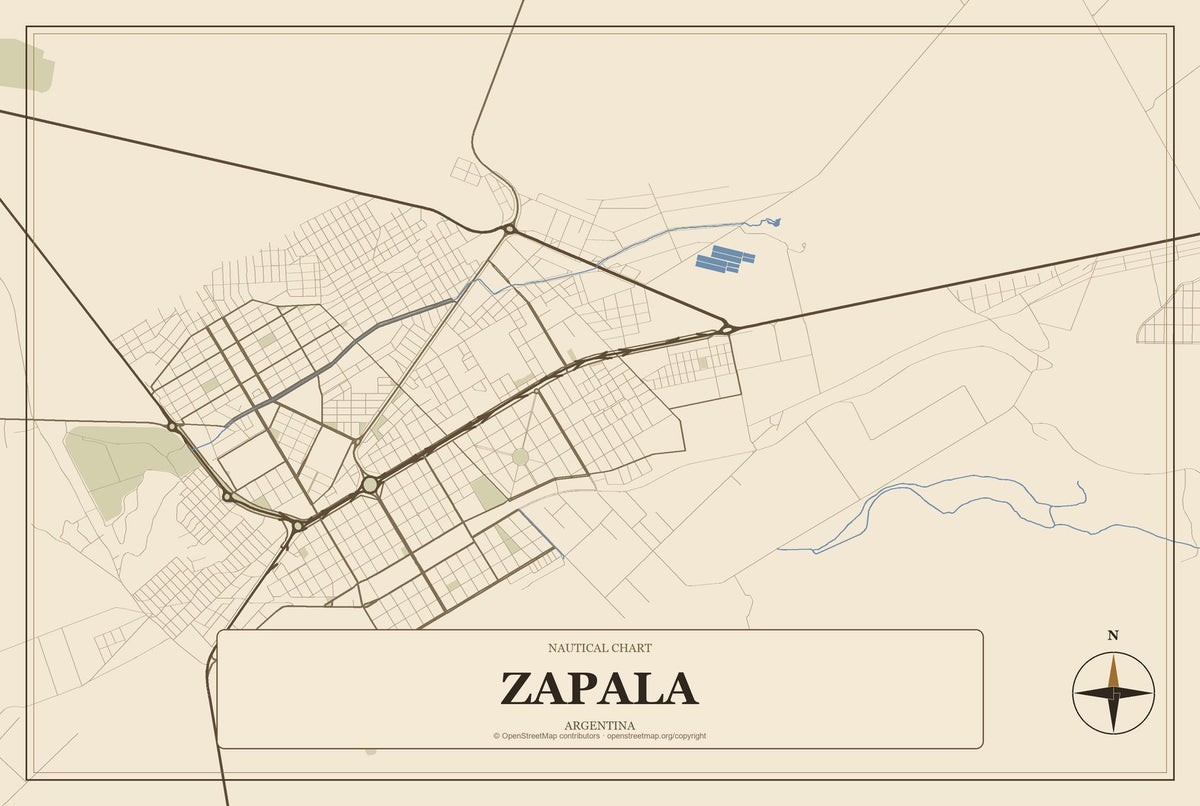 Zapala, Argentina City Map Aluminum Sign in Heritage Nautical style