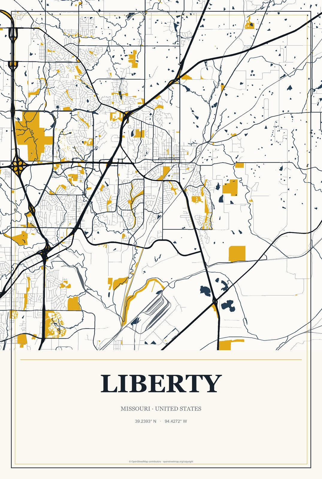 Liberty, Missouri City Map Aluminum Sign in Citrine Modern style