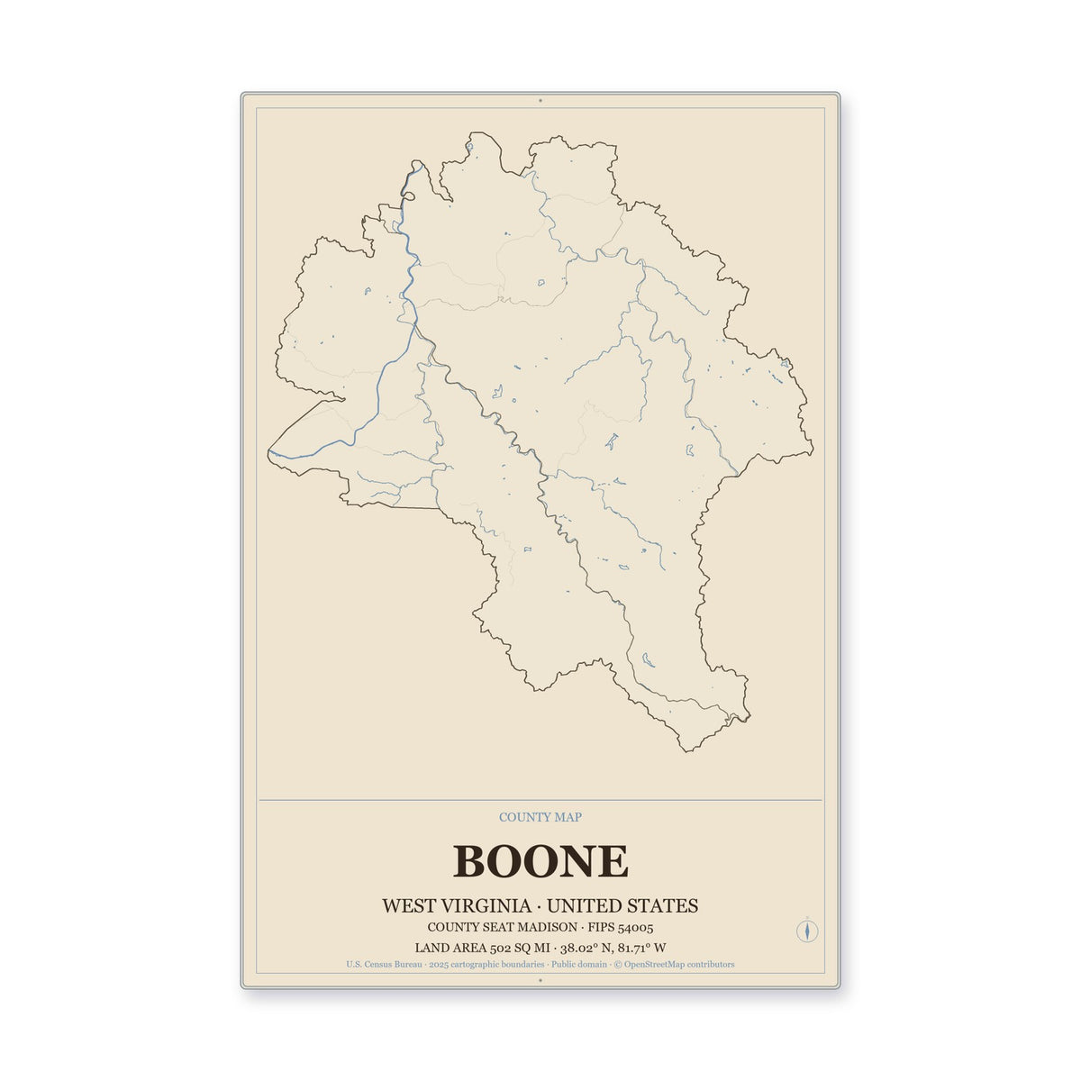 Boone County, West Virginia Map Aluminum Sign in Heritage Nautical style