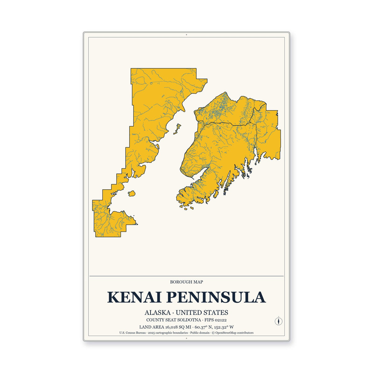 Kenai Peninsula Borough, Alaska Map Aluminum Sign in Citrine Modern style