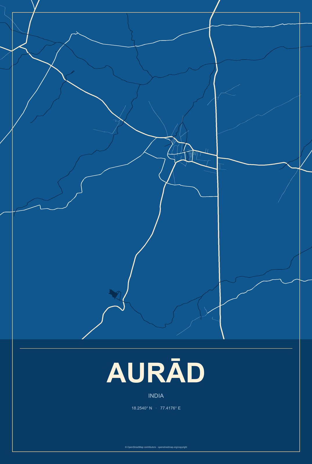 Aurād, India City Map Aluminum Sign in Harbor Cobalt style