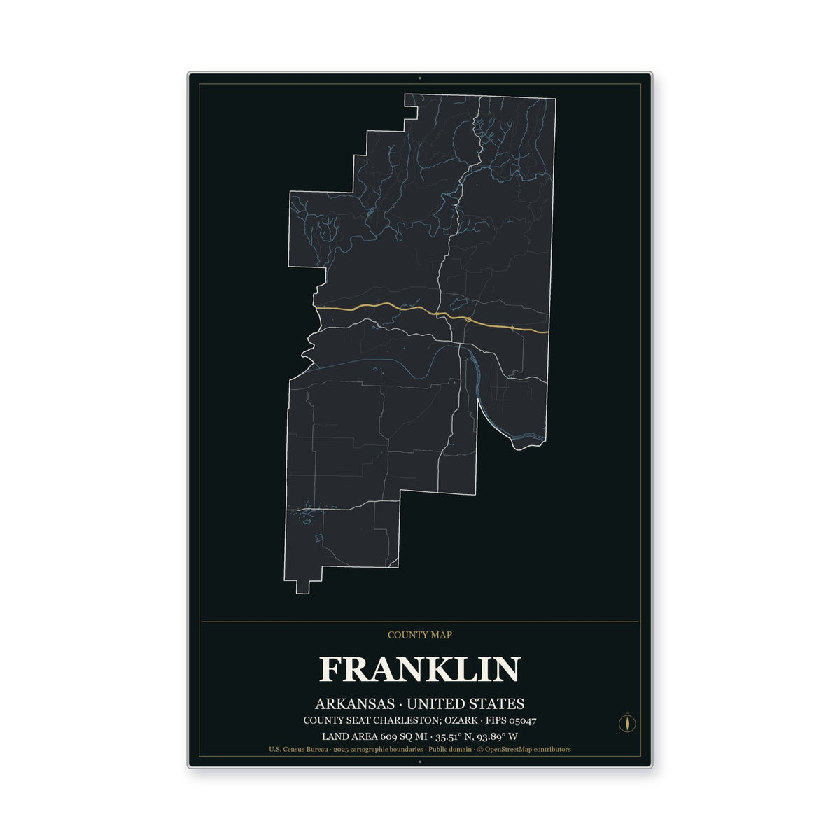 Franklin County, Arkansas Map Aluminum Sign in Metropolitan Noir style