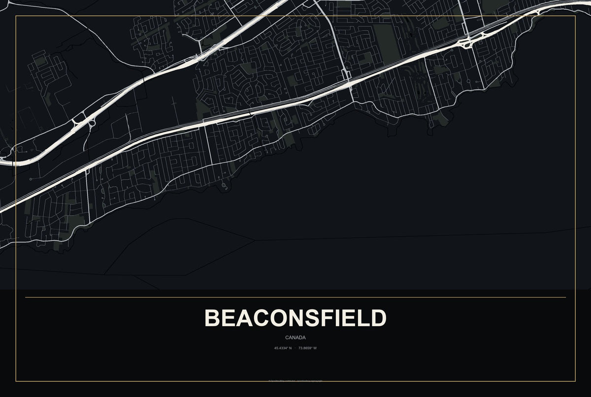 Beaconsfield, Canada City Map Aluminum Sign in Metropolitan Noir style