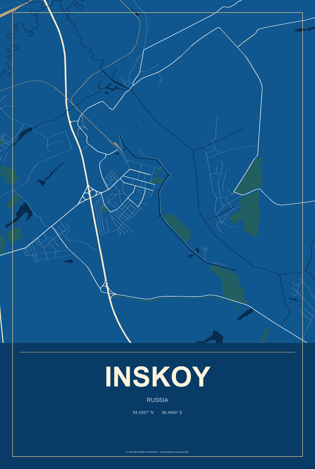 Inskoy, Russia City Map Aluminum Sign in Harbor Cobalt style