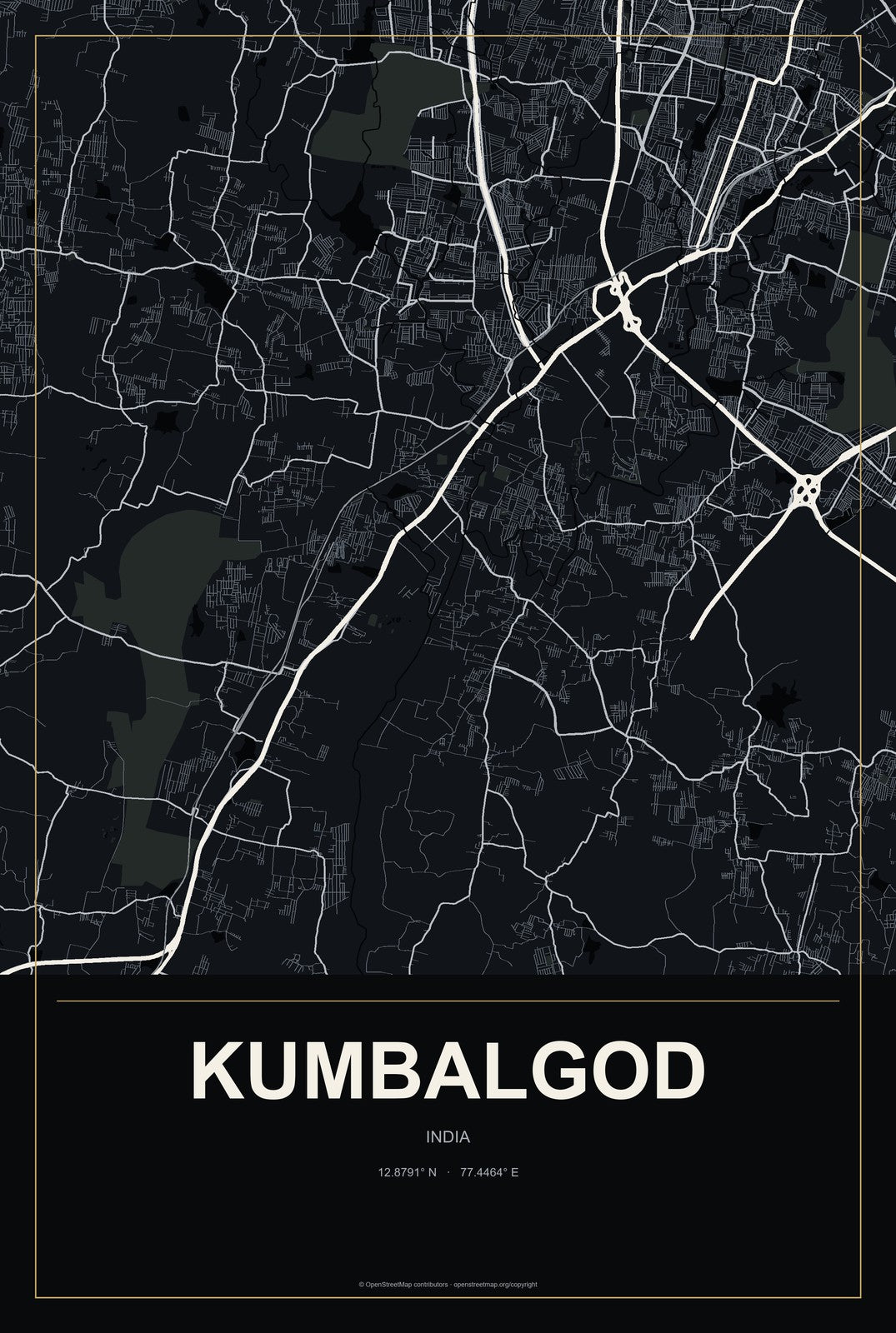 Kumbalgod, India City Map Aluminum Sign in Metropolitan Noir style