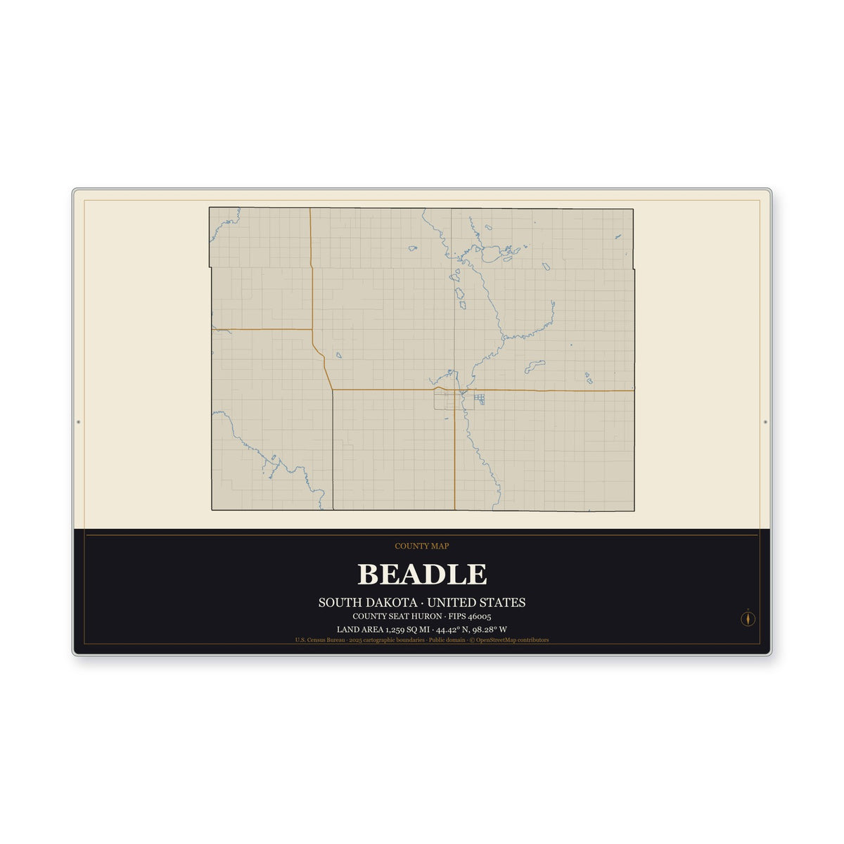 Beadle County, South Dakota Map Aluminum Sign in Museum Plaque style