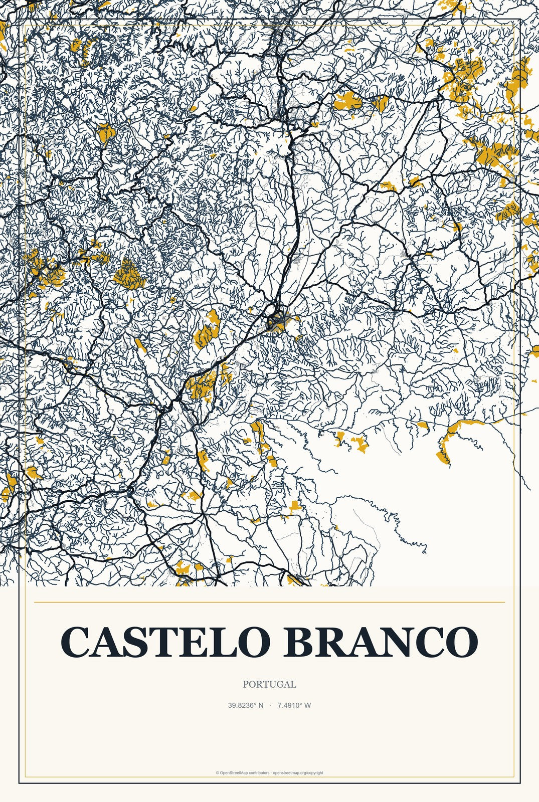 Castelo Branco, Portugal City Map Aluminum Sign in Citrine Modern style
