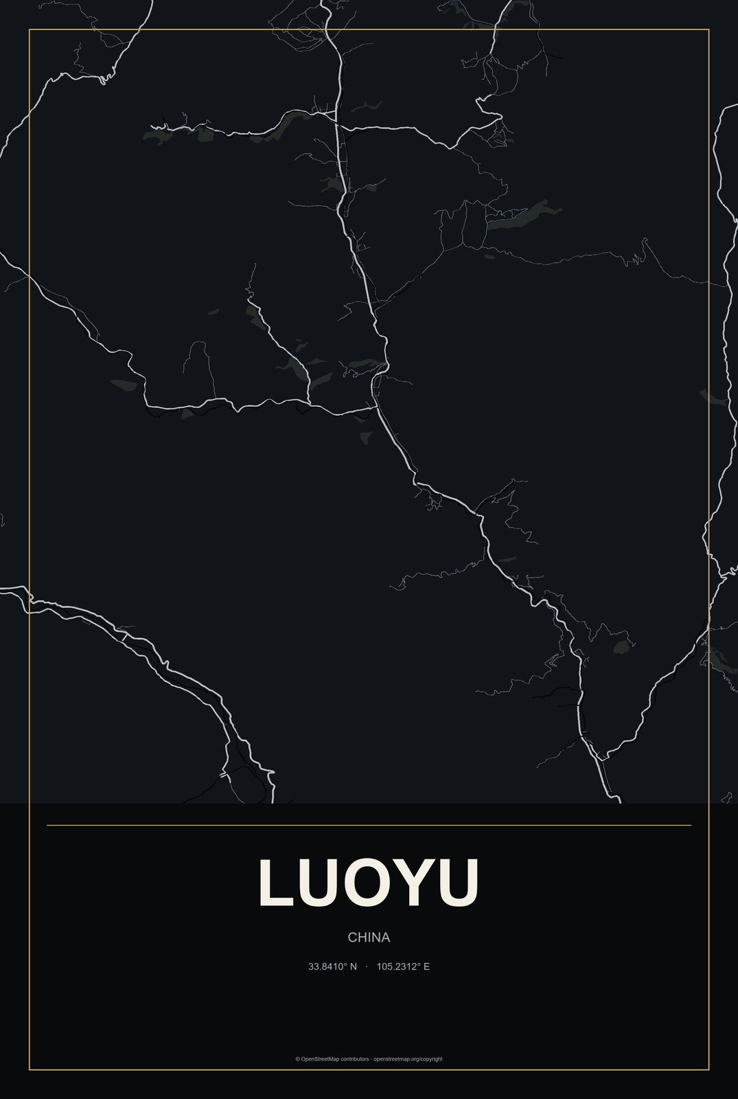 Luoyu, China City Map Aluminum Sign in Metropolitan Noir style
