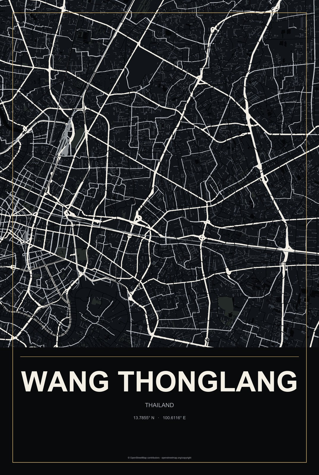 Wang Thonglang, Thailand City Map Aluminum Sign in Metropolitan Noir style