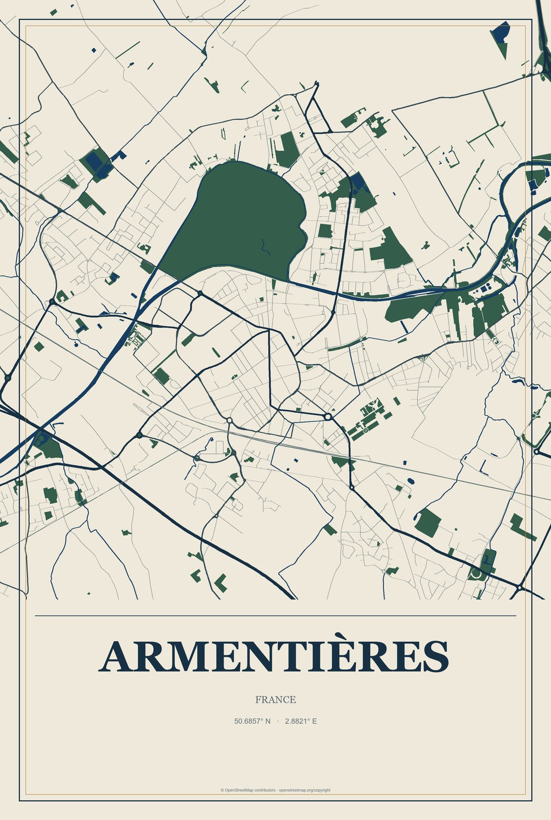 Armentières, France City Map Aluminum Sign in Coastal Cutout style