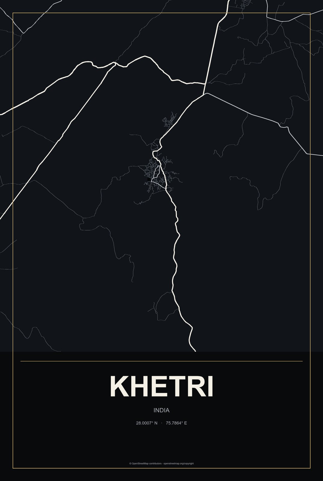Khetri, India City Map Aluminum Sign in Metropolitan Noir style