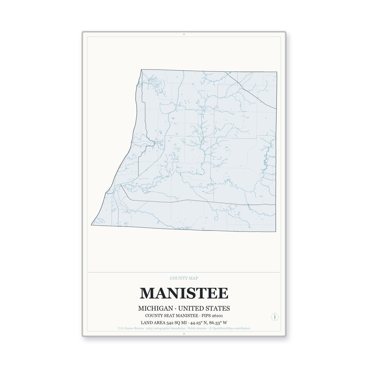 Manistee County, Michigan Map Aluminum Sign in Gallery Air style