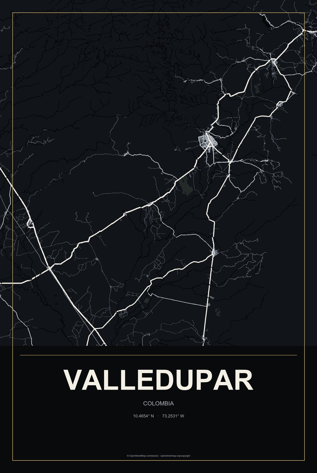 Valledupar, Colombia City Map Aluminum Sign in Metropolitan Noir style