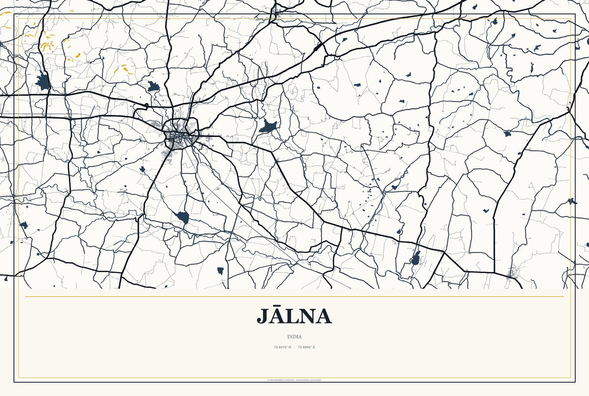 Jālna, India City Map Aluminum Sign in Citrine Modern style