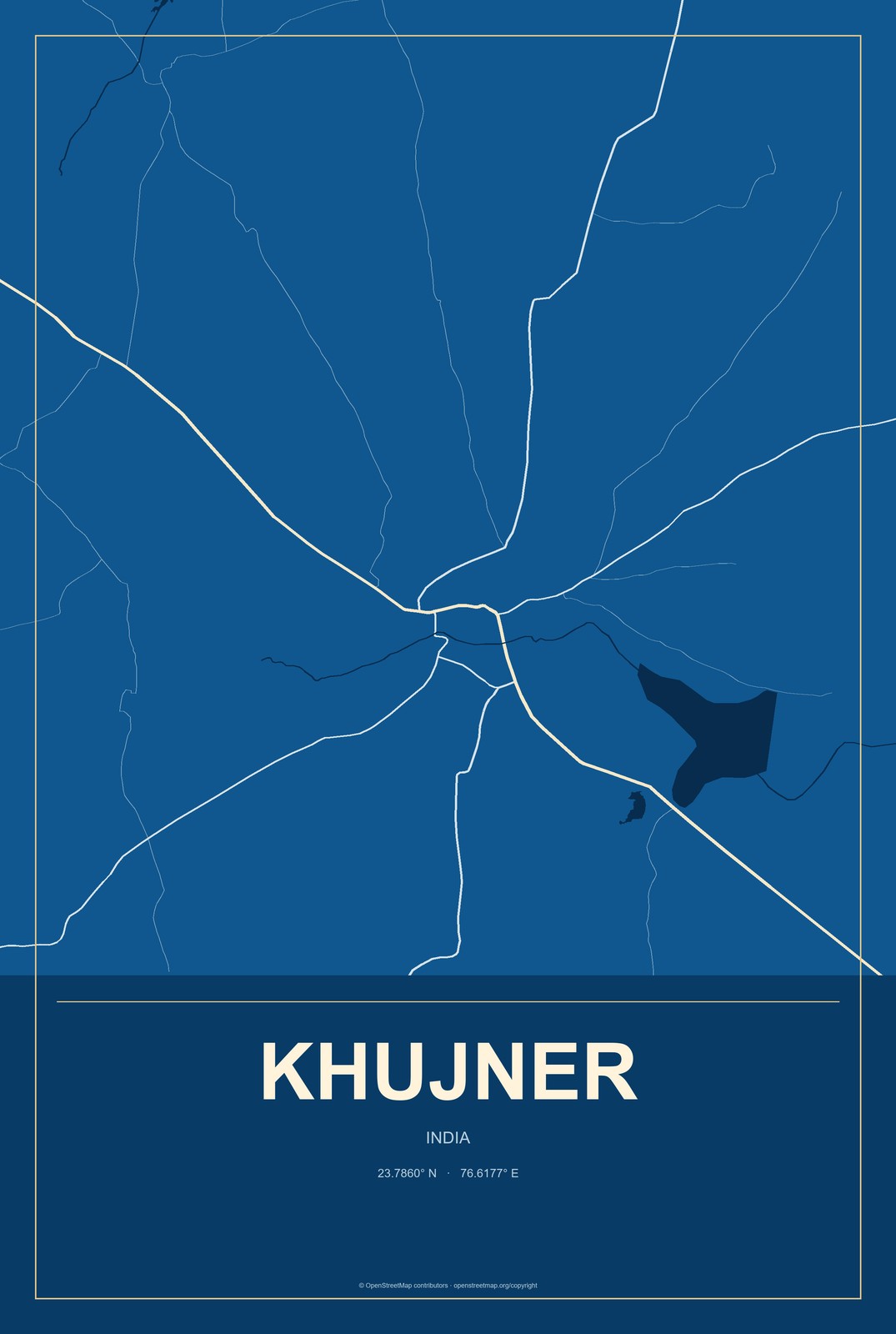 Khujner, India City Map Aluminum Sign in Harbor Cobalt style