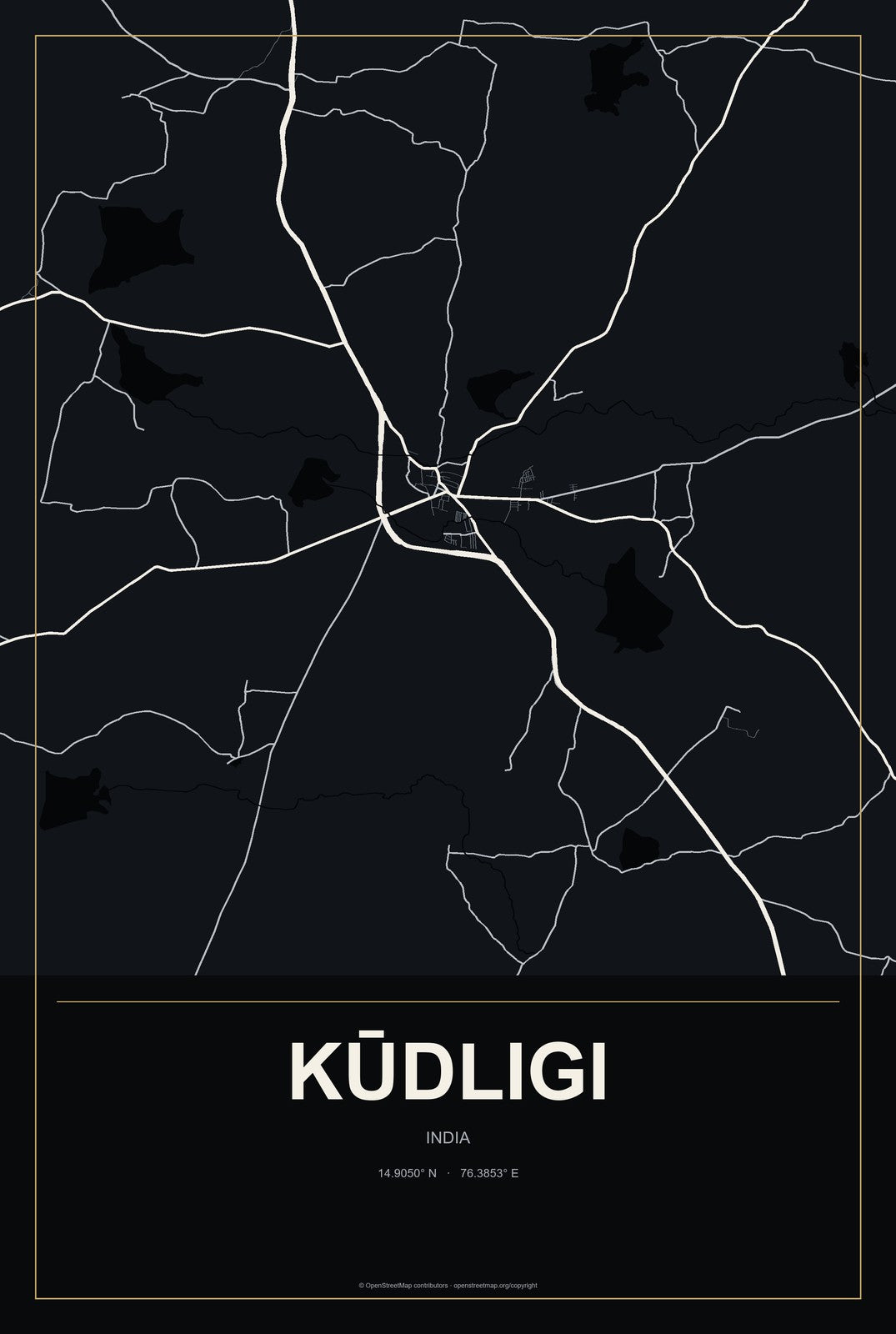 Kūdligi, India City Map Aluminum Sign in Metropolitan Noir style
