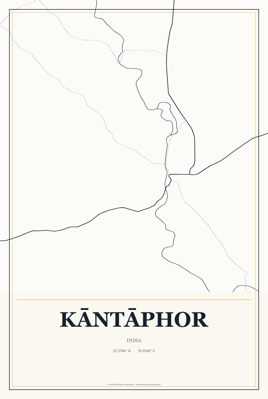 Kāntāphor, India City Map Aluminum Sign in Citrine Modern style