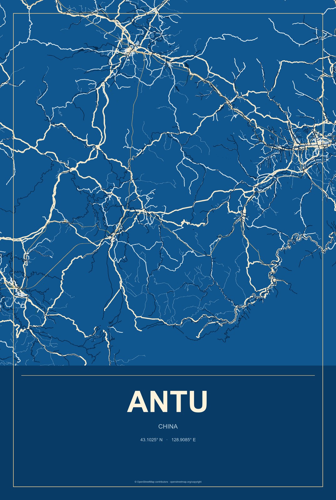 Antu, China City Map Aluminum Sign in Harbor Cobalt style