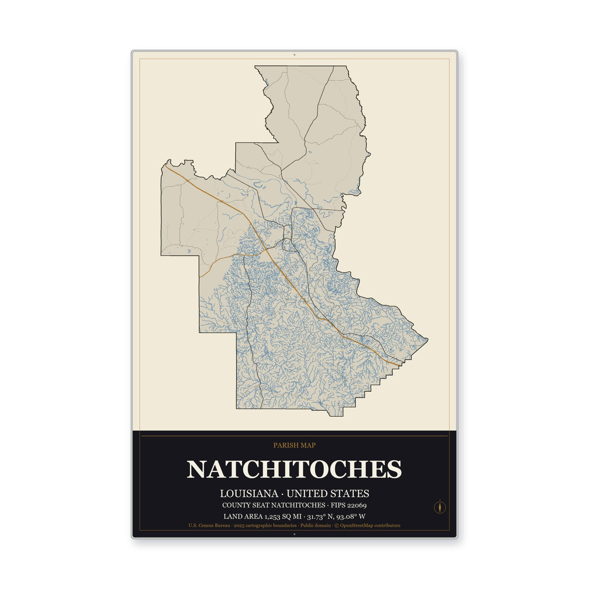 Natchitoches Parish, Louisiana Map Aluminum Sign in Museum Plaque style