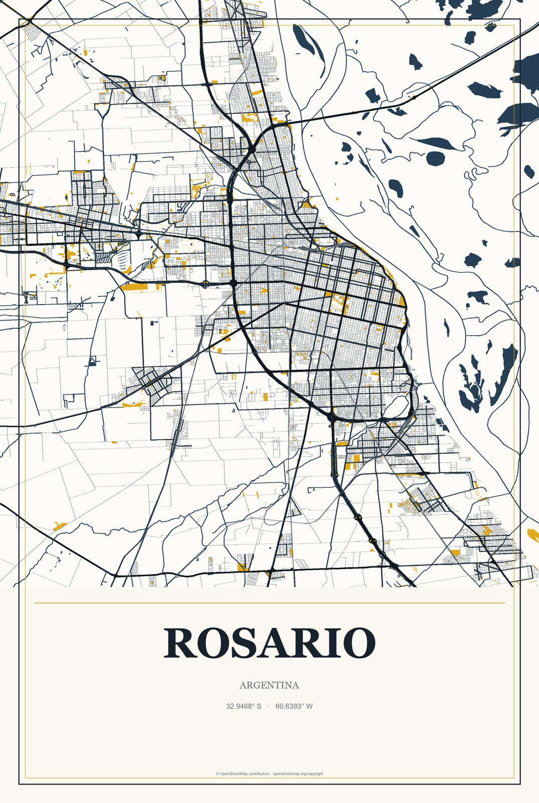 Rosario, Argentina City Map Aluminum Sign in Citrine Modern style