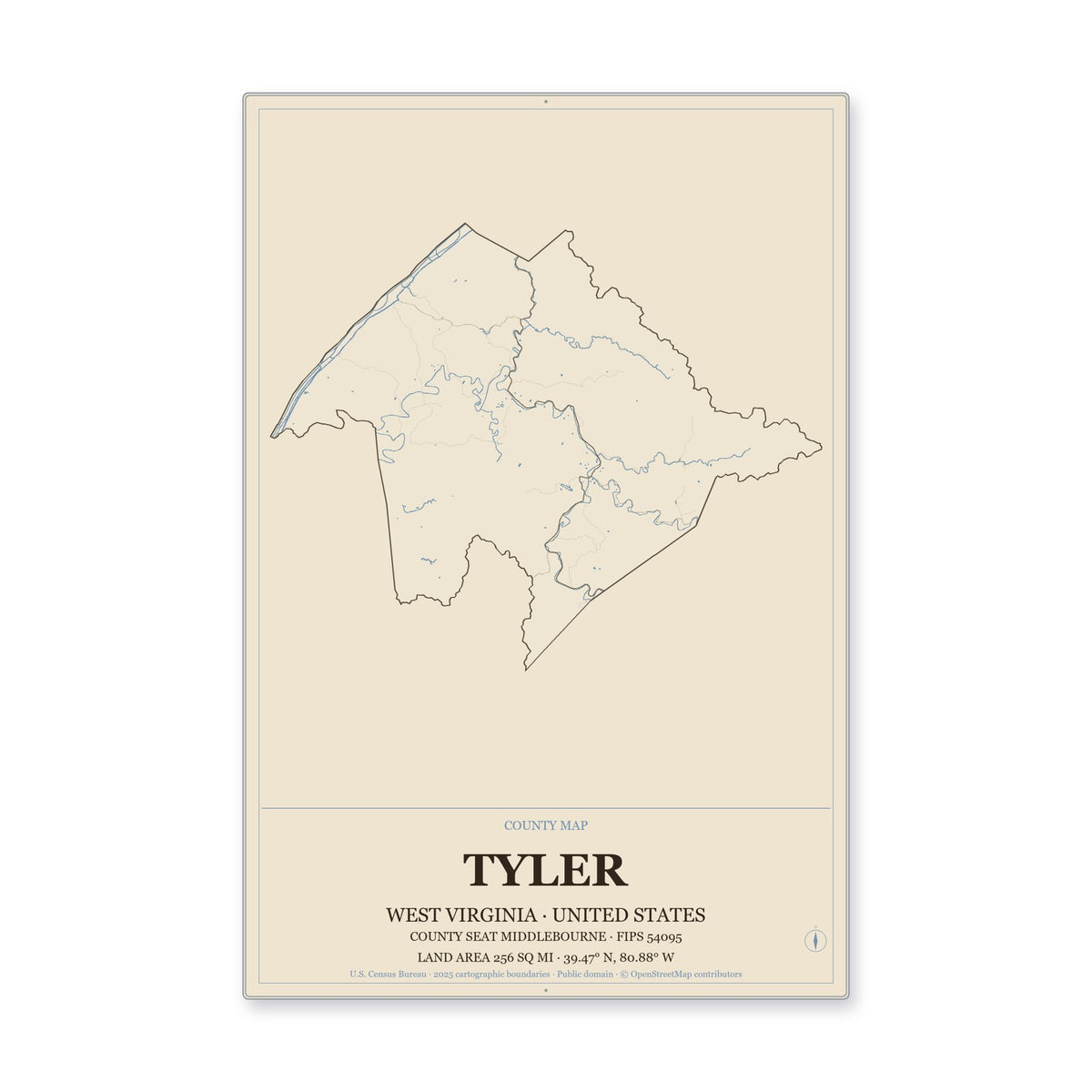 Tyler County, West Virginia Map Aluminum Sign in Heritage Nautical style