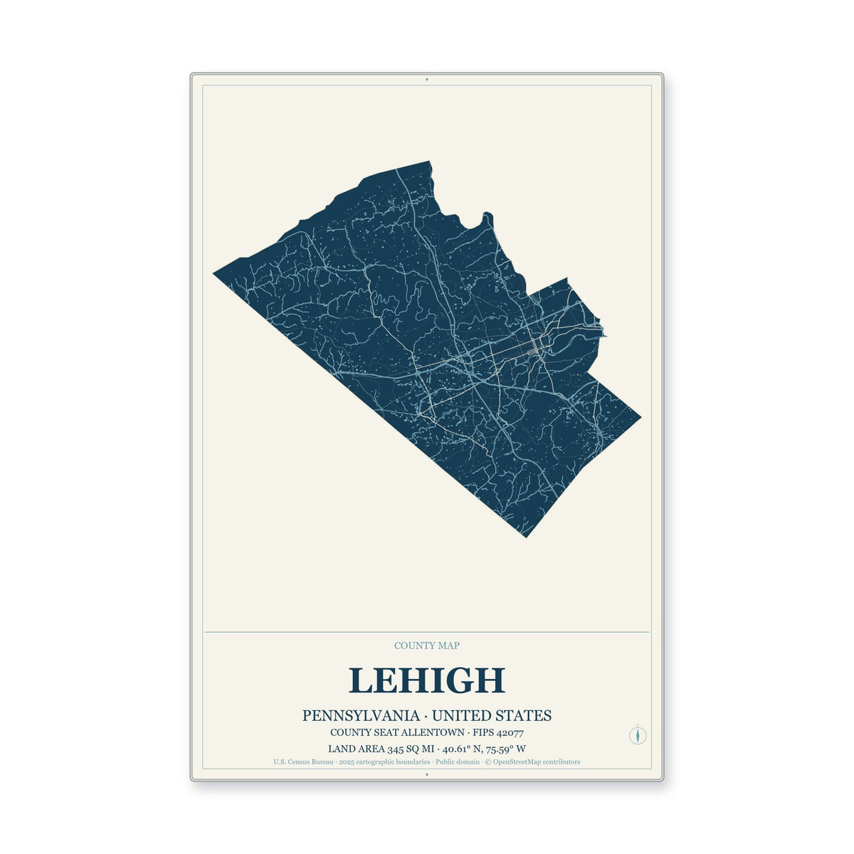 Lehigh County, Pennsylvania Map Aluminum Sign in Coastal Cutout style