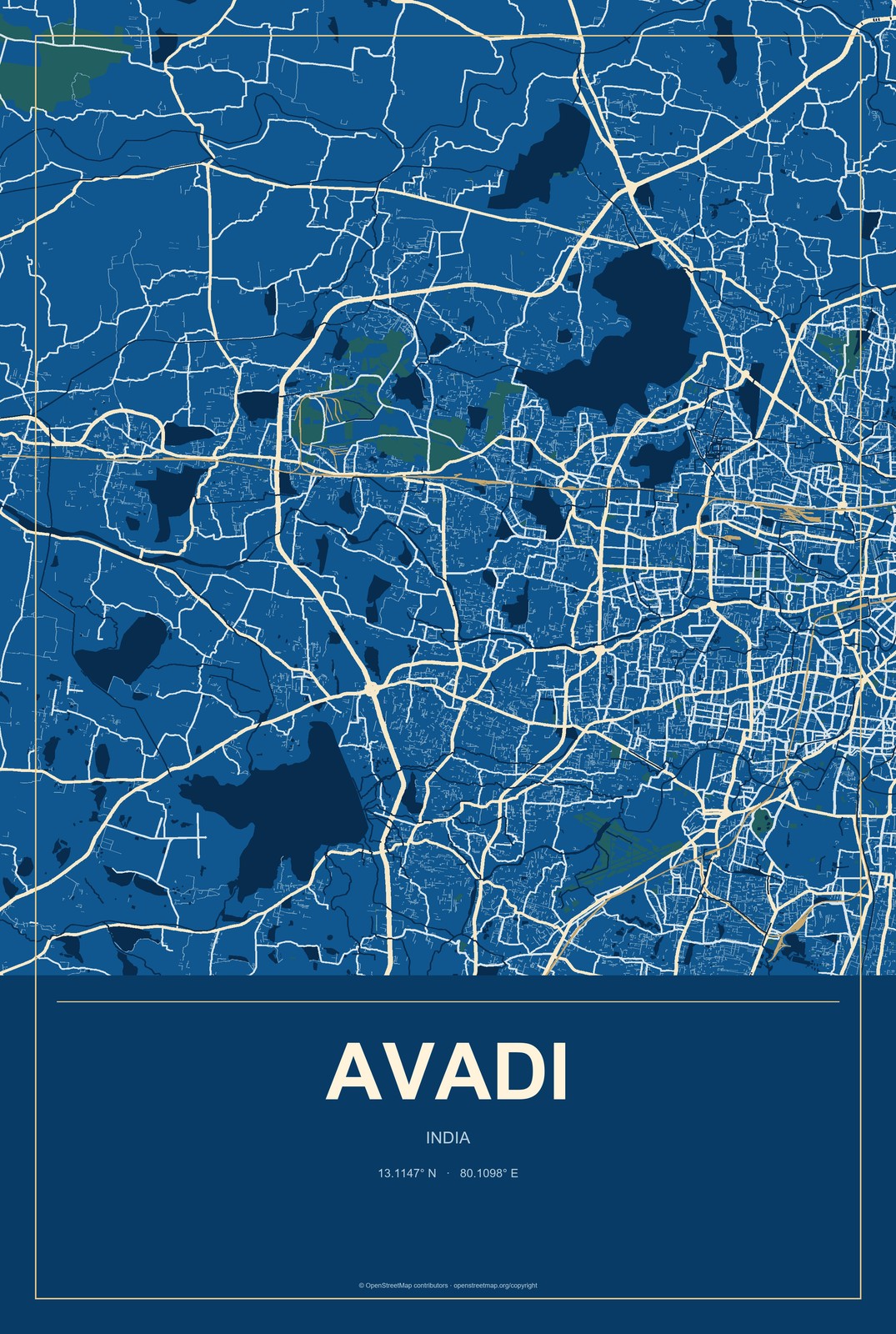 Avadi, India City Map Aluminum Sign in Harbor Cobalt style