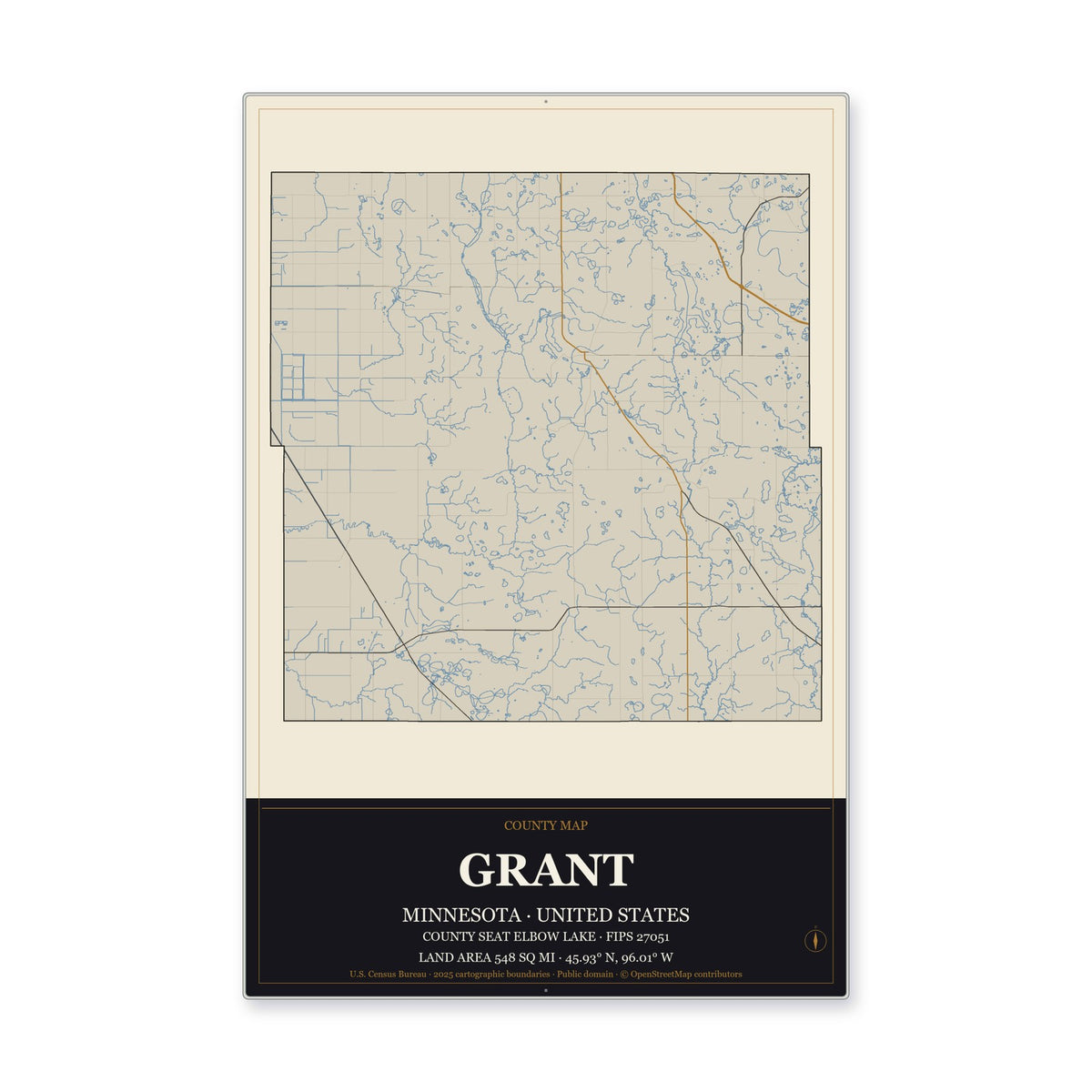 Grant County, Minnesota Map Aluminum Sign in Museum Plaque style