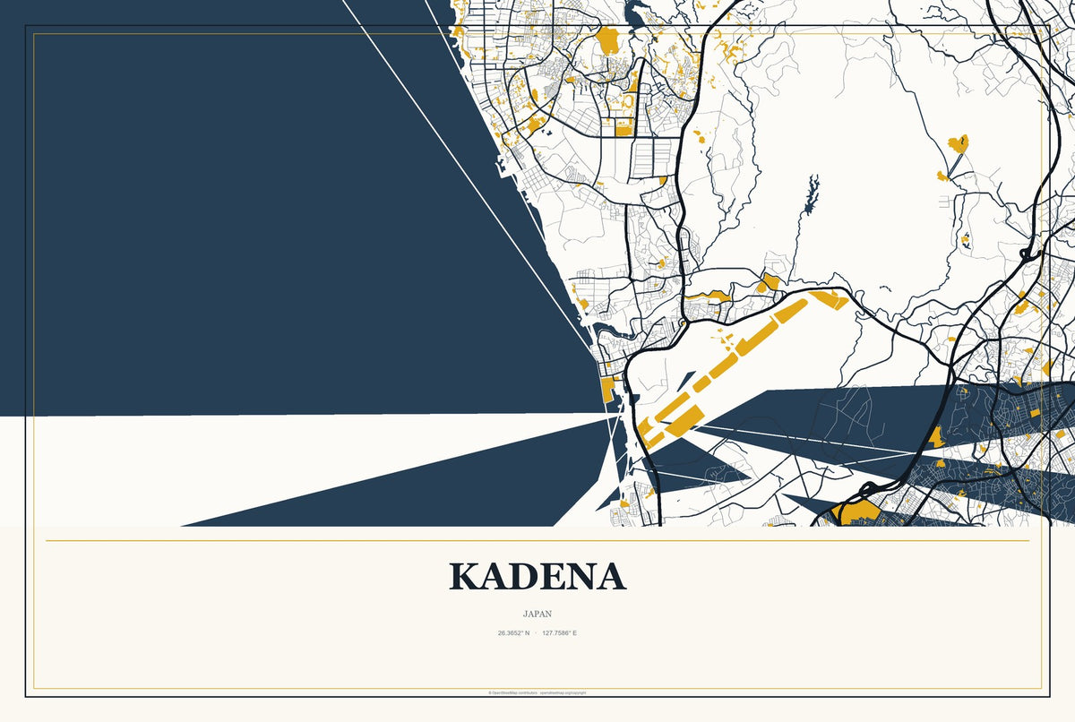 Kadena, Japan City Map Aluminum Sign in Citrine Modern style