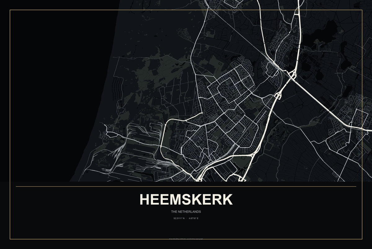 Heemskerk, The Netherlands City Map Aluminum Sign in Metropolitan Noir style