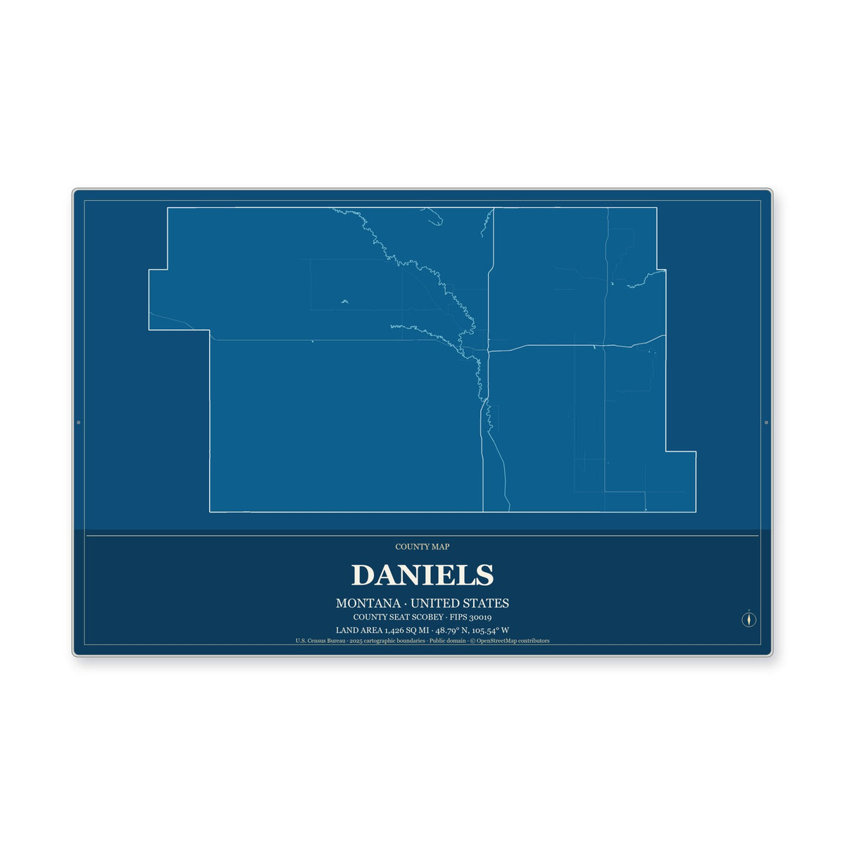 Daniels County, Montana Map Aluminum Sign in Harbor Cobalt style