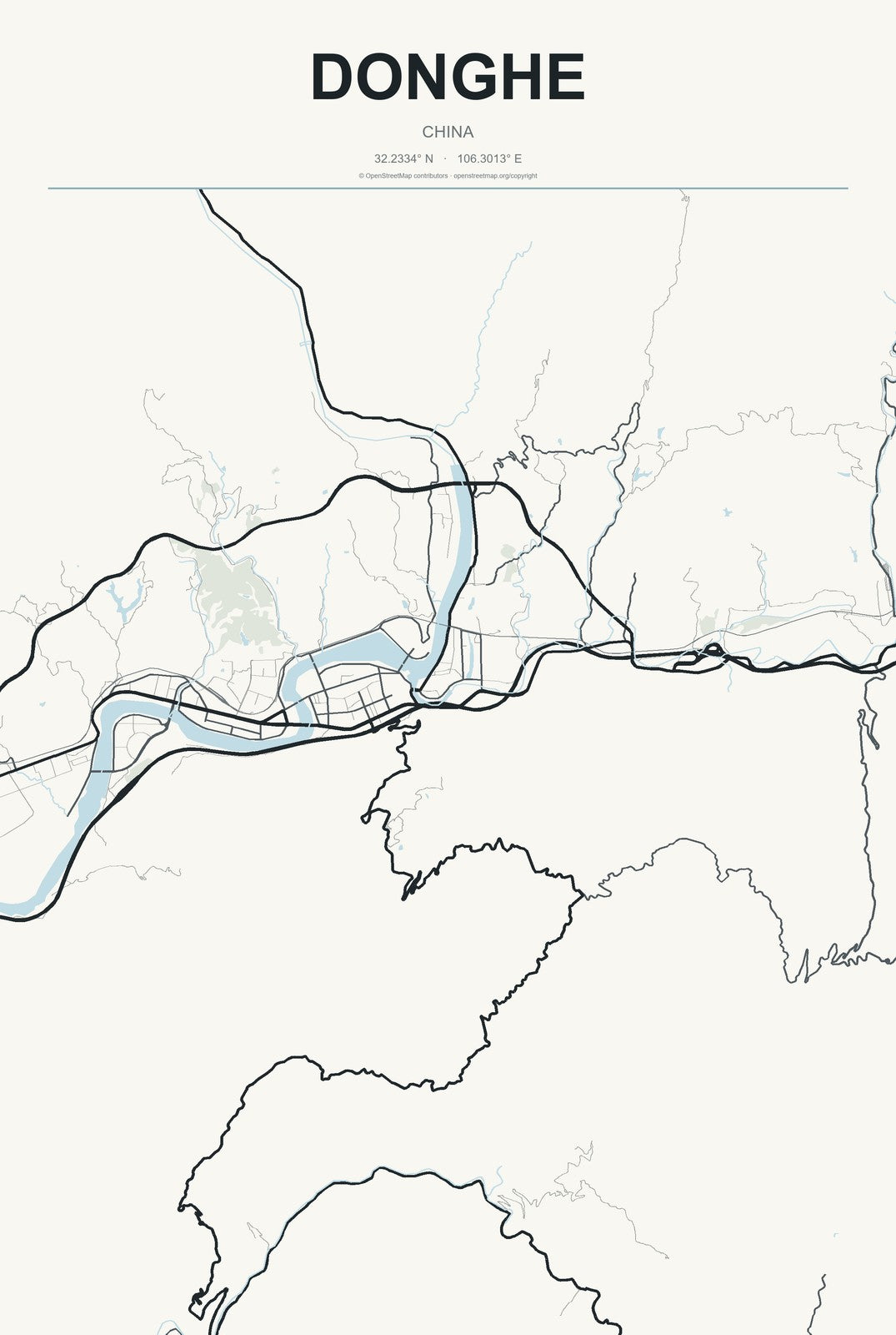 Donghe, Sichuan, China City Map Aluminum Sign in Headline Atlas style