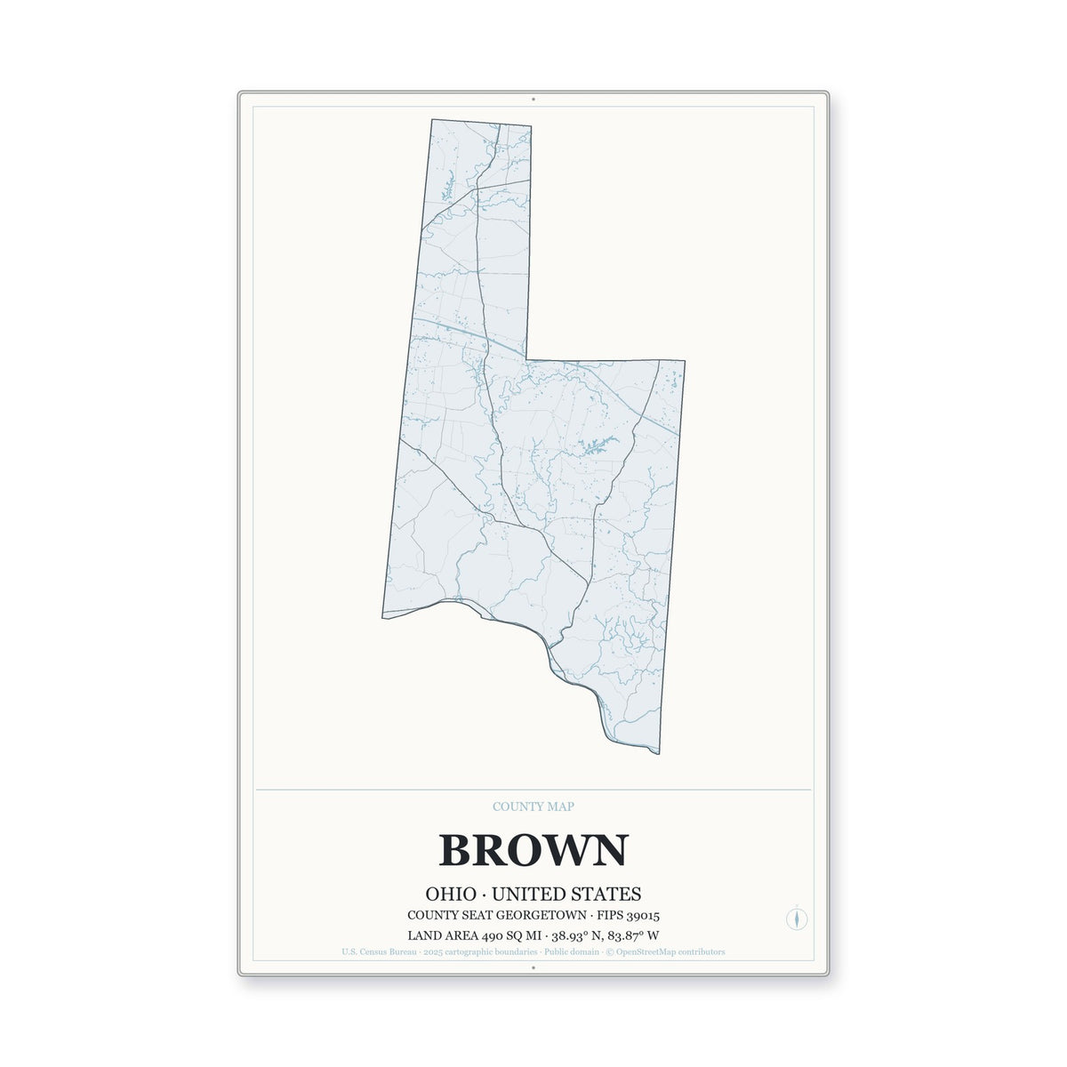 Brown County, Ohio Map Aluminum Sign in Gallery Air style