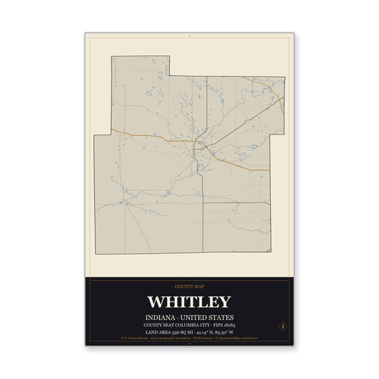 Whitley County, Indiana Map Aluminum Sign in Museum Plaque style
