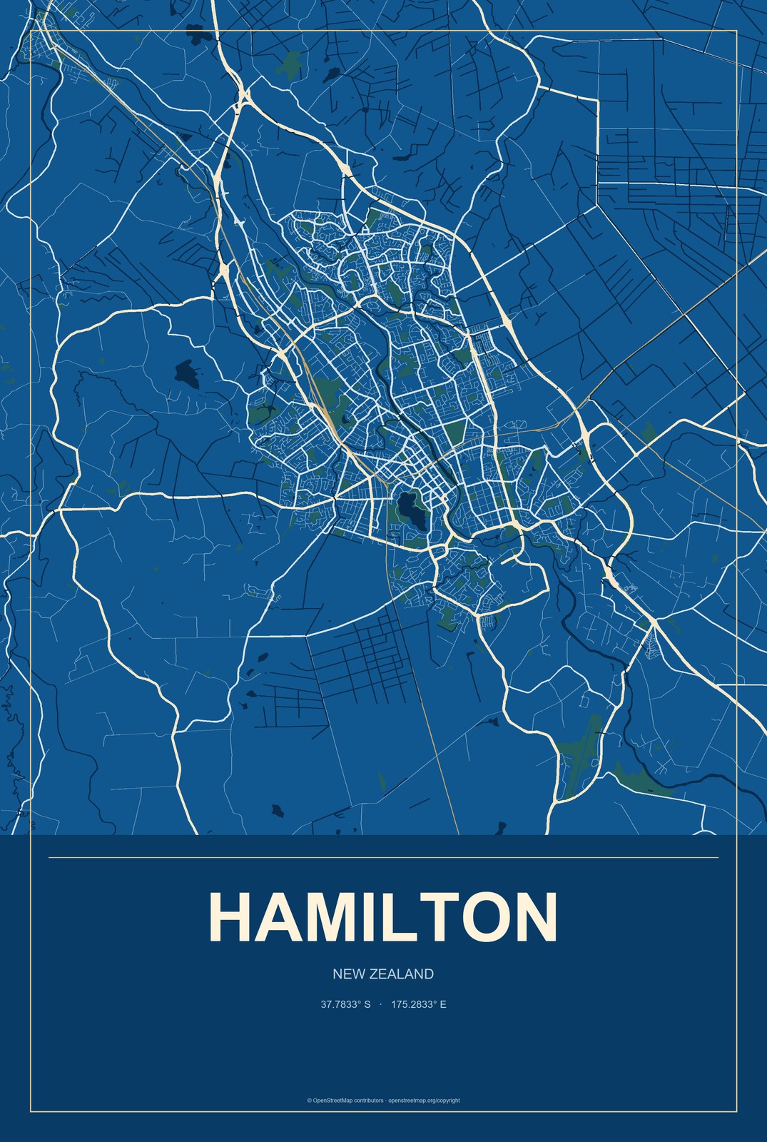 Hamilton, New Zealand City Map Aluminum Sign in Harbor Cobalt style
