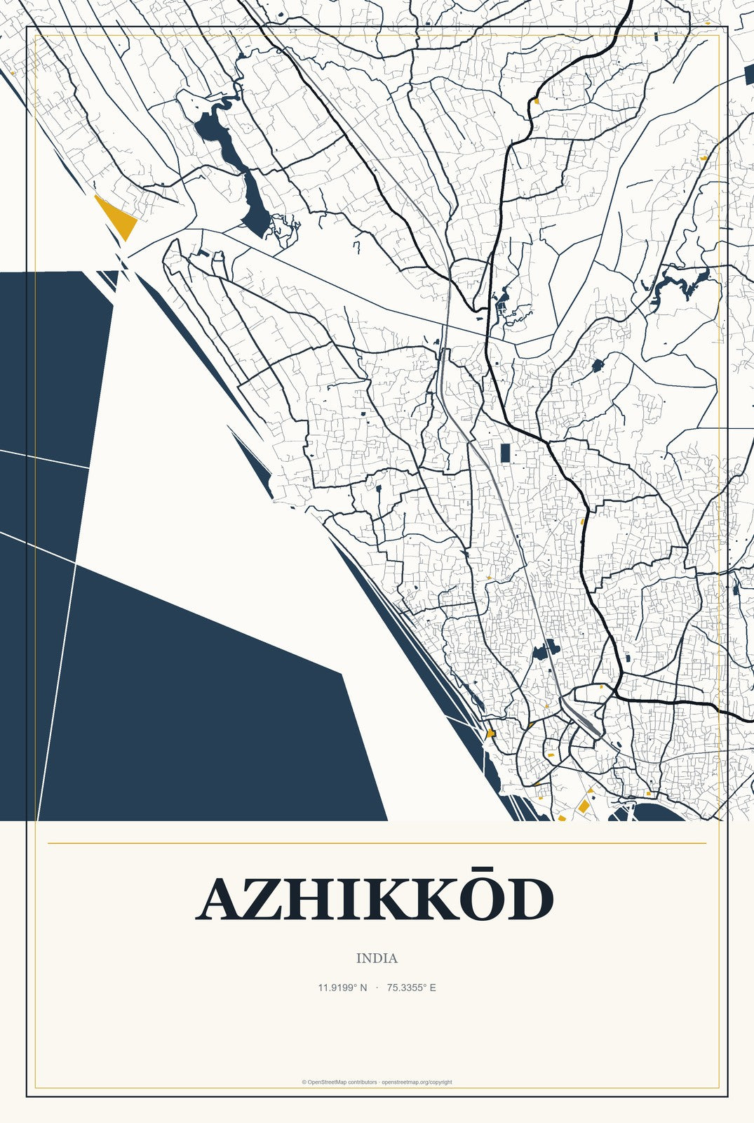 Azhikkōd, India City Map Aluminum Sign in Citrine Modern style